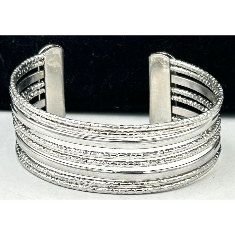 Silver Tone Coil Cuff Bangle Bracelet Wired Twisted Wide Modernist Boho 2 3/8"